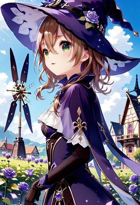 score_9, score_8_up, score_7_up, 1girl, YukiuCP, masterpiece, best quality, ultra high res, smiling, happy, (detailed eyes:1.2), a beautiful girl, perfect face, arms at sides, masterpiece, ultra high res, high quality, 4k, upper body:1.5,  lisa (genshin impact), urple witch hat, green eyes, brown hair, (PureErosFace_V1:0.008), (european:1.6), bangs, dress, rose, jewelry, witch, capelet, purple headwear, black gloves, purple flower, hair between eyes, purple rose, parted lips, purple capelet, hat flower, multicolored dress, hair ornament,  windmill, from side,