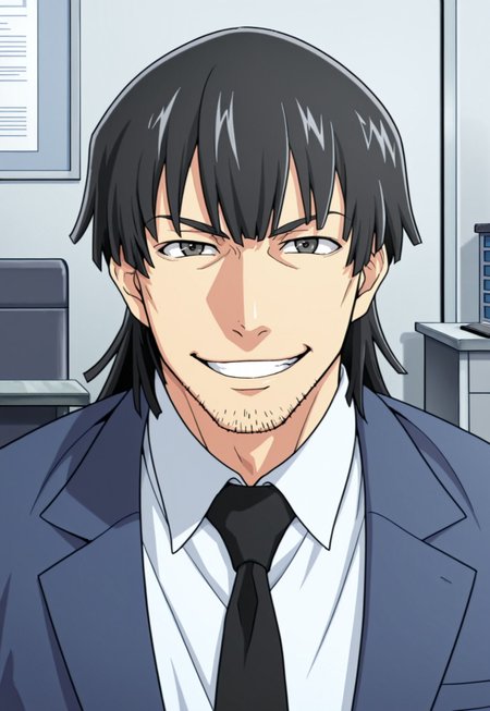 solo, masterpiece, detailed, ultra hd, best quality, 1boy, male, official art, w0lfc0nf, modern, new

FDKurusu, black hair, stubble, black necktie, suit, white shirt, portrait, headshot, looking at viewer, smiling, office, desk, police station