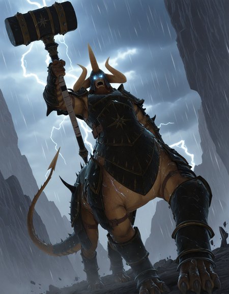 masterpiece, good quality, best quality, solo, 2d, anime, dutch angle, from below, lightning, storm, electricity, glowing eyes, 
KholekSuneater, armor, male focus, horns, incoming attack, hammer,
 <lora:KholekSuneater_Vpred:0.6>
