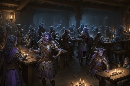 (Everyone looking at camera  making a ral-drp face) +++. A whimsical war brewing in a well lit brightly colored High resolution 8K Fujifilm photograph professionally staged, professional lighting, panoramic view <lora:Fantasy_ClassesXL:1> <lora:Fantasy:0.8> <lora:Fantasy_Races_XL:1> (2 large tiefling  sorcerer  ral-drp at 1 timid blue dragonborn  artificer)+++(1goblin barbarian makes   ral-drp faces at 1 firbolg monk)++, (1water genasi Paladin  dancing with  ral-drp face 1halfling warrior)++ (1 shifter attends the counter in the tavern) <lora:DonMD34thM4g1cXL_v3.0:0.8> DonMD34thM4g1cXL <lora:ral-drp:0.8> ral-drp