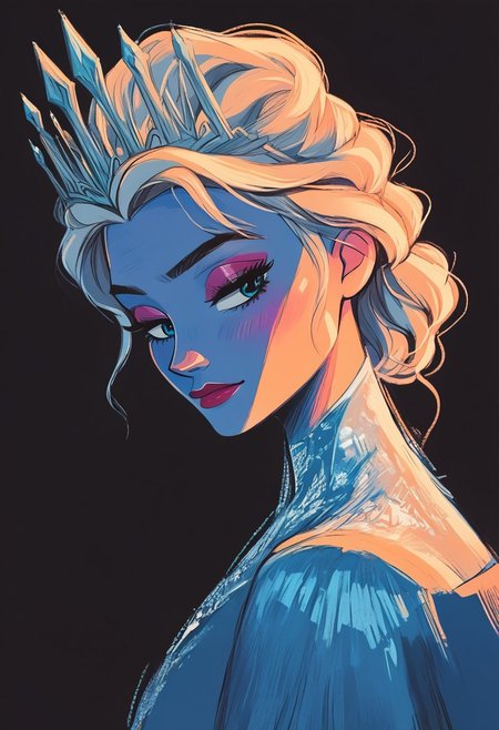 score_9, score_8_up, score_7_up, score_6_up, aesthetic, s1_dram, ncpy13 style,ElsaXPL,  pastels drawing, deep black background,  Using deep blue, silver and black colors create A beautiful young woman dressed as the queen of ice sits on a throne made entirely of ice. She's wearing a flowing blue dress with silver accents and has a crown made of tiny icicles perched atop her head. The style is a dark fantasy setting, upperbody portrait, elegant, intricate details.