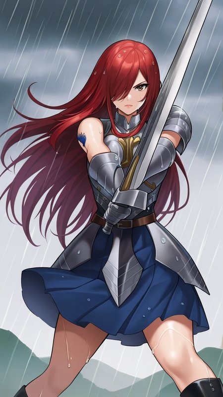 masterpiece, best quality, very aesthetic, absurdres, BREAK, 1girl, looking at viewer, cowboy shot, straight-on, 
<lora:Heart_Kreuz_100YearsQuest_Illu_Dwnsty:0.8>, erz_hk100yearsq, brown eyes, red hair, long hair, hair over one eye, tattoo, breastplate, armor, blue skirt, pleated skirt, belt, single shoulder armor, armored dress, knee boots, black footwear, 
large breasts, lips, serious, wet skin, holding sword, fighting stance, dynamic pose, outstretched arm, 
outdoors, cloudy sky, rain, storm, wind,