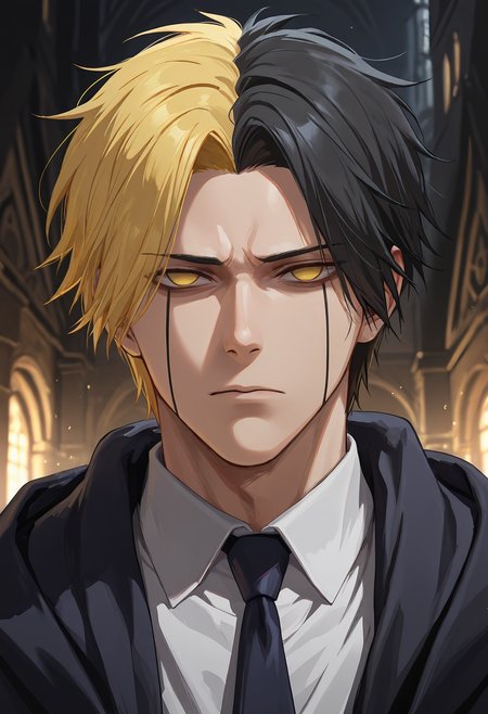 masterpiece, best quality, amazing quality, very aesthetic, absurdres, newest, detailed background, ram3s, 1boy, male focus, solo, facial tattoo, blonde hair, black hair, two-tone hair, yellow eyes, no pupils, cloak, collared shirt, necktie, serious