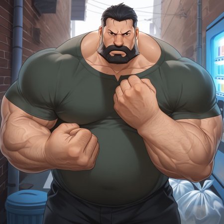 safe_pos, safe_pos, source_anime, detailed background, (score_9, score_8_up, score_7_up), zoroj, masterpiece, best quality, high quality, ultra detailed, highly detailed, high detail, artistic lighting, (highly detailed face, (perfect face, perfect eyes)), depth of field, perfect soft lighting, best shadows, perfect reflections, volumetric, detailed image, high resolution, defined faces, sharp definition, great lighting,

solo, 1boy, male focus, Sig Curtis, short hair, black hair, black eyes, facial hair, beard, plain green shirt with short sleeves, black pants, musclegut, hairy arms, musclebears, muscular male, bara, hyper muscles, veiny muscles, large male,

alley, brick wall, cable, crosswalk, utility pole, vanishing point, vending machine, trash can, trash bag, cowboy shot, standing, looking at viewer,
