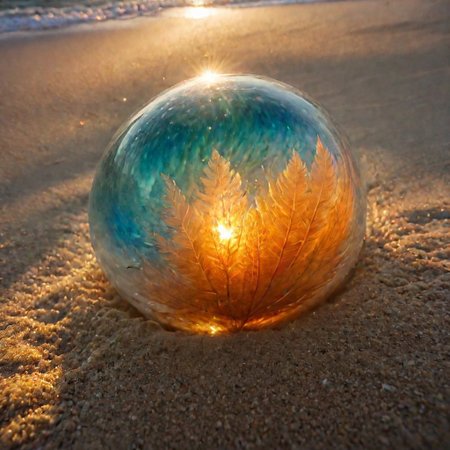 macrophotography,extreme close up of (perfectly spheric giant glass ball) partially buried in sand beach at sunset, Sunset beams on the windblown sand through glass, <lora:EnvyRefractionXL01:1>, This should be a ((masterpiece)) with a ((best_quality)) in ultra-high resolution, both ((4K)) and ((8K)), incorporating ((HDR)) for vividness. It uses a ((Kodak Portra 400)) lens for timeless, professional quality. Emphasizes a ((blurred background)) with a touch of ((bokeh)) and ((lens flare)) for an artistic effect. Enhance ((vibrant colors)) for a vivid look. Make sure the photograph is ((ultra-detailed)) and shows ((absurd)) details. Pay special attention to capturing the ((sadness)) of the subject. The goal is to create a ((professional photograph)) that is visually stunning and technically excellent, fluorescent dust, glowing dust