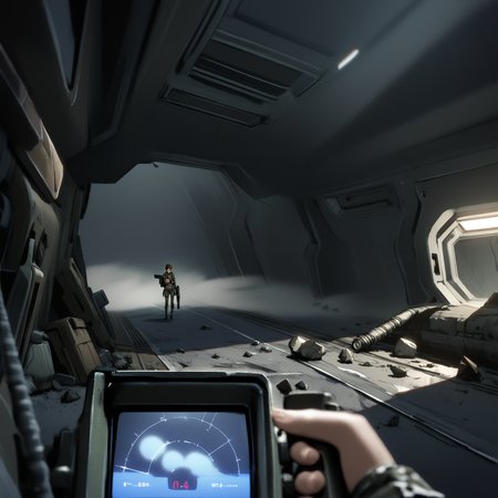 1girl, short hair, brown eyes, <lora:United_States_Colonial_Marine_Corps_-_Aliens_SDXL:0.8> uscmc, alien \(series\), soldier, military, uniform, armor, helmet, midriff, nervous sweating, holding gun, aiming, <lora:M314_Motion_Tracker_-_Aliens_SDXL:1> m314 motion tracker, m314mtn, pov, trackerscreen, science fiction, fog, derelict, spacecraft, interior, debris, cable, machinery, dramatic lighting, shadow, filmic, cinemascope, vignette, horror \(theme\), depth of field, (masterpiece), (best quality), (ultra-detailed), very aesthetic, illustration, perfect composition, intricate details, absurdres