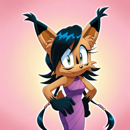 <lora:nicole_lynx_illustrious-000010:1>,  (masterpiece), (best quality), (ultra-detailed), amazing quality, very aesthetic, illustration, perfect composition, intricate details, absurdres, incredibly absurdres, nicole the lynx, 1girl, long hair, looking at viewer, gloves, dress, green eyes, tail, hands on hips, retro artstyle, whiskers, sonic the hedgehog \(series\), furry, furry female, black hair, animal ears, animal nose, animal ear fluff, solo, solo focus, body fur, brown fur, facial markings