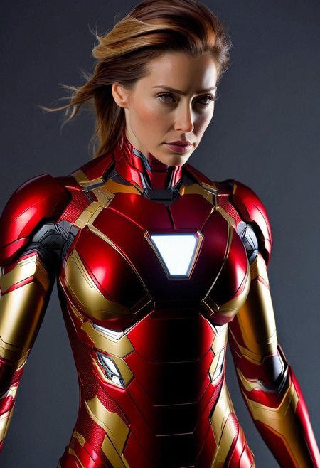 A woman's upper body is clad in a sleek, hyper-realistic Ironman suit, with metallic red and gold armor plating glistening under soft, cinematic lighting, set against a blurred, dark grey background, with a shallow depth of field, emphasizing the intricate details of the suit's texture and the subject's determined expression, in a photorealistic style reminiscent of a high-end digital painting.