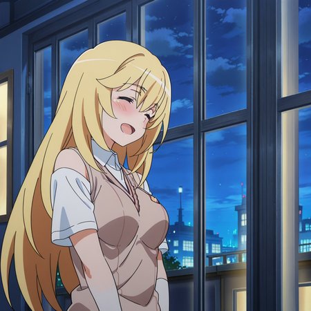 nsfw, masterpiece, best quality, amazing quality, 1girl, solo, index_railgun_shokuhou_misaki, tokiwadai school uniform, brown sweater vest, short sleeves, white shirt, v-neck, standing, smile, ^ ^, blush, blonde hair, closed eyes, open mouth, long hair, bare shoulders, indoors, beside window, night, <lora:Shokuhou_Misaki_-_Index_Railgun:0.7>