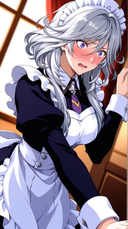 source_anime, general, best quality, masterpiece, 1girl, <lora:Ziony_Regis_ill_v1.0:1> ziony_regis\(srw\),blue eyes, white hair,grey hair, purple eyes,long hair,maid, maid headdress, maid apron,flustered, (embarrassed:0.9),  dynamic pose, dutch angle,