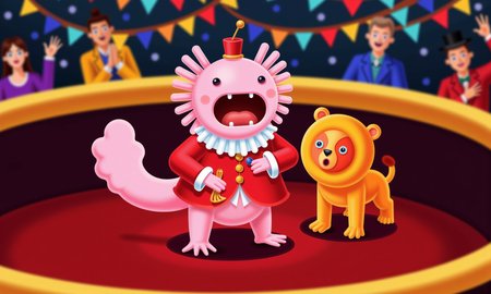 high-angle shot of a pink axolotl dressed as a circus ringmaster, holding a tiny whip and standing confidently beside a miniature lion figurine on a circus platform; its frilly gills flutter with excitement, and its round black eyes gleam under the bright spotlight; colorful banners, flags, and circus equipment fill the blurred background achieved by tilt-shift effect, creating a lively, fun-filled circus atmosphere with cheering miniature spectators and confetti in the air<lora:Axomodel_Flux_V2.safetensors:0.5:0.5> <lora:wh1m5y_style flat illustration__FLUX.safetensors:1:1>