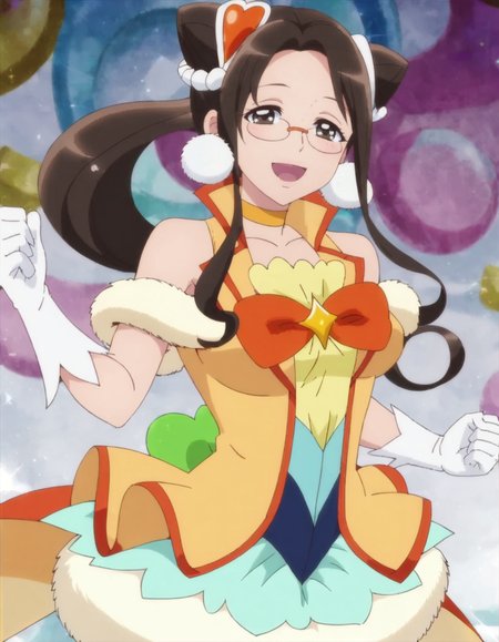 score_9, score_8_up, score_7_up, anime screencap,1girl, solo, cone hair bun, glasses, brown hair, gloves, solo, magical girl, choker, open mouth, hair ornament,  smile, white gloves, long hair, looking at viewer, hair bun, blush,brown eyes, skirt,large breasts,milf,free hands,<lora:kusakaorie:0.9>