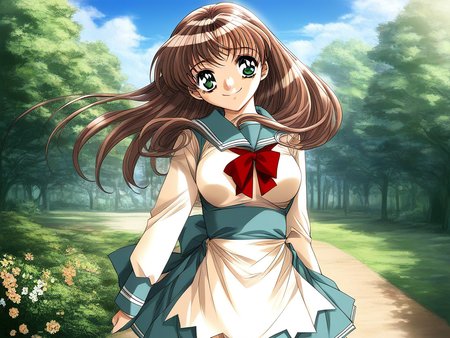 score_9, score_8_up, score_7_up, source_anime, rating_explicit, BREAK <lora:Sunohara_Suzuha_XL:0.9> Sunohara_Suzuha, brown hair, green eyes,  long hair,  medium breasts, smile,
1girl, solo, day, sky, tree, school uniform, outdoors, long sleeves, dress, skirt,