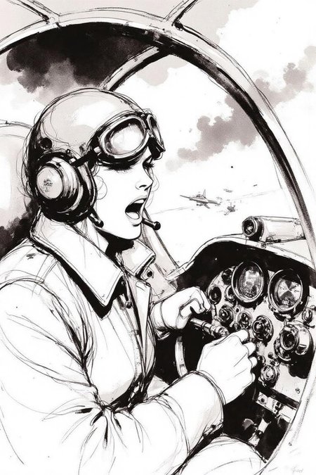 nijiwc1 Ink brush style illustration. 
a female pilot screaming inside the cockpit of a WWII bomber. The pilot, wearing a vintage leather flight helmet with goggles and a bomber jacket, grips the controls with white-knuckled hands. Her face is contorted in a mix of fear and determination as she yells, her eyes wide with adrenaline. The cockpit is cramped and filled with old-fashioned dials and gauges, with the outside view showing dark stormy clouds and distant anti-aircraft fire. 
The background is stark white <lora:inkwash_niji_nocap_d6a3:1.0><lora:806958539122889164:0>