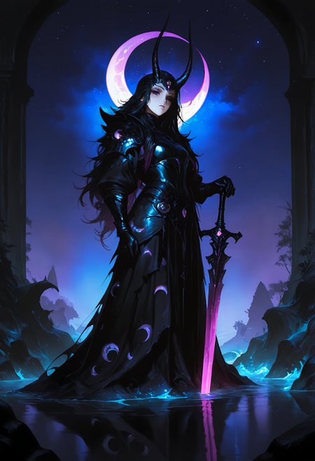 masterpiece, best quality, good quality, very awa, very aesthetic, absurdres, newest, 1girl, solo, long_hair, black_hair, gloves, dress, holding, closed_mouth, jewelry, standing, purple_eyes, full_body, weapon, horns, sky, black_gloves, sword, water, armor, makeup, night, expressionless, moon, helmet, animal_print, gem, shoulder_armor, star_\(sky\), night_sky, eyeshadow, starry_sky, wading, reflection, crescent_moon, planted, planted_sword, hand_on_hilt, hands_on_hilt