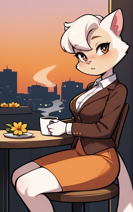best quality, absurdres,<lora:BolivanteStyleITS:0.8>, <lora:SCDDITS:0.8>, SCDDITS, skirt, light orange skirt, brown jacket,white shirt , furry female, furry, tail, animal ears, brown eyes, white hair, white fur, short hair, cat girl, beige skin, white skin, two-tone skin, animal nose, slim, button shirt, collared, sitting, chair, table, outside,holding coffee, flowers, tired, evening, city