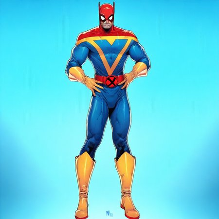 masterpiece, high score, great score, absurdres, SUP3RH3R0 Style, 1boy, male focus, solo, mask, superhero, boots, hands on hips, belt, bodysuit, gloves, skin tight, full body, standing, muscular, looking at viewer, comic art style