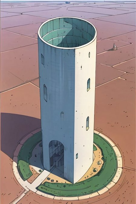 a cylinder tower on a desert,, medieval fantasy, moebius style, fantasy, desert, artwork