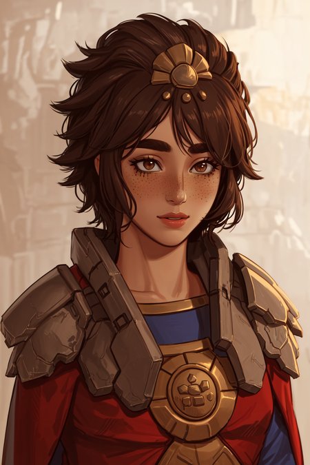 best quality, masterpiece, original, highres, illustration, best lighting and shadow, aesthetic wallpaper, amazing, beautiful, taliyah, 1girl, solo, dark skin, dark-skinned female, short hair, brown hair, thick eyebrows, brown eyes, freckles, extremely detailed and beautiful face, happy, sidelocks, photorealistic, (upper body), blush, head ornament, stone pauldrons, red cape, 
<lora:tali-20:0.5>