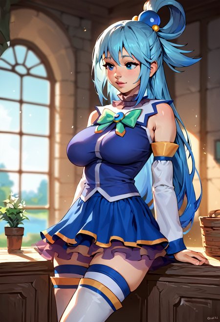 (score_9:1.2), (score_8_up:1.2), (score_7_up:1.1), source_anime, 
1girl, aqua \(konosuba\), blue hair, blue eyes, solo, 
hair rings, bow, blue shirt, bow, detached sleeves, skirt, thighhighs, bare shoulders, 
large breasts, 
impossible clothes, 
scenery, light particles, indoors, depth of field, 
<lora:Impossible_clothes_Pony:1>  <lora:Pony_DetailV2.0:1>