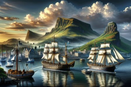 (masterpiece:1.2), (best quality,:1.2), 8k, HDR, ultra detailed, ((photorealistic)), perfect anatomy, pire, ship, pier, over looking a harbor, noon, CelticLandStyle