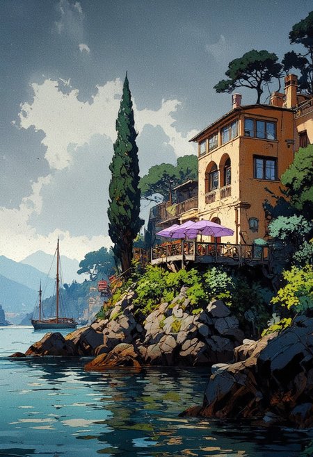 A stunning semi-realistic digital painting of a coastal villa surrounded by lush greenery, set against a misty sea with distant mountains in the background. The scene captures a rainy day with visible raindrops falling, creating a moody and atmospheric ambiance. The villa has a Mediterranean architectural style, featuring warm beige walls, elegant balconies, and purple umbrellas on the terrace. Tall cypress trees and other dense foliage frame the house, adding depth and richness to the composition. To the left, sailboats with tall masts are docked near the shore, their reflections slightly distorted by the gentle ripples of the water. The sky is overcast with dark clouds, enhancing the tranquil yet melancholic mood of the scene. The color palette consists of cool blues and grays, with subtle warm tones from the villa and greenery. The art style blends impressionistic brush strokes with fine details, creating a painterly yet refined aesthetic.
,  anime, cyberpunk