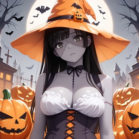 Empty eyes, long hair, black hair, pumpkin hat,large breasts 
sleepy,sleepy-eyed,(head tilt:1.2)
Low-angle view, 
<lora:zombie-ponyxl-lora-nochekaiser:1>, zombie, colored skin, stitches, grey skin, multicolored skin, stitched face, halloween, halloween costume,
score_9, score_8_up, score_7_up,  masterpiece, best quality, source_anime, source_hentai,  uncensored, detailed background,