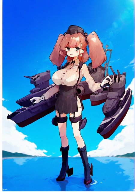 <lora:rimukoro:1.2>,1girl, atlanta (kancolle), huge breasts, anchor, anchor hair ornament, black footwear, black headwear, black skirt, boots, bra visible through clothes, breasts, brown hair, cannon, dress shirt, earrings, full body, garrison cap, garter straps, gloves, grey eyes, hair ornament, hat, headgear, high-waist skirt, high heel boots, high heels, jewelry, knee boots, long hair, long sleeves, machinery, ocean, outdoors, parted lips, partially fingerless gloves, rigging, rudder footwear, shirt, skirt, solo, standing, standing on liquid, star (symbol), star earrings, suspender skirt, suspenders, thigh strap, torpedo, torpedo tubes, turret, two side up, water, white gloves, white shirt,  very awa, masterpiece, best quality,highres, absurdes,amazing quality