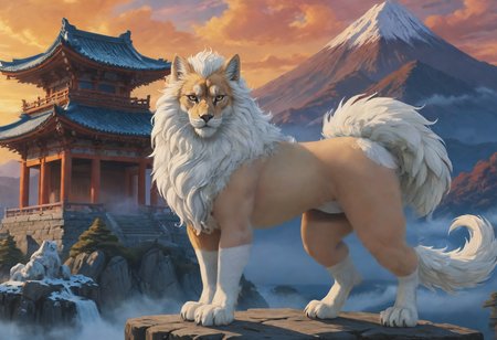 swordsman, ninetales, mitachurl features like feline ears and tail, multilayered color palette, tattered, feeling of tranquility, colorful, with intricate details accentuating the vivid, vibrant colors of sunrise or sunset, mythical, dynamic composition, intricate patterns on fur, the mythical liondogs of japan, temple architecture, ominous, art, muscular, mountains on background, snowcapped, flowing mane, determined expression, sophisticated attire