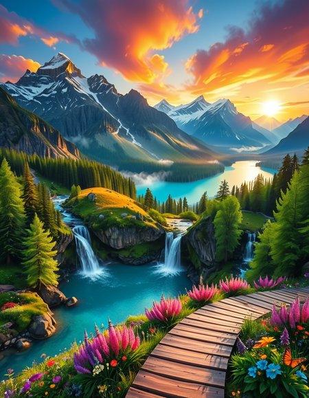 A breathtaking, high-resolution photograph of the most beautiful place on Earth, where natureâs wonders blend in perfect harmony. Towering, snow-capped mountains rise majestically in the background, their peaks glowing under the golden hues of a setting sun. Below, a crystal-clear turquoise lake reflects the colors of the sky, surrounded by lush, green forests filled with ancient trees, vibrant wildflowers, and cascading waterfalls. A soft mist rises from the valley, adding a dreamlike quality to the scene. In the distance, rolling meadows stretch toward the horizon, dotted with colorful flowers and serene wildlifeâgraceful deer grazing, birds soaring in the sky, and butterflies dancing in the breeze. A wooden footpath winds through the landscape, leading to a secluded, tranquil spot where the beauty of nature can be fully admired. The air is crisp and filled with the soothing sounds of rustling leaves, flowing water, and distant birdsong. The sky above is a masterpiece of colorsâdeep oranges, purples, and pinks blending seamlessly as the sun sets, casting a magical glow over this untouched paradise. The atmosphere is peaceful, awe-inspiring, and filled with a deep sense of wonder and tranquility, as if stepping into a perfect dream.
<lora:SDXLFaeTastic2400:0.4> <lora:extremely_detailed:0.4> extremely detailed, <lora:Earth_P4r4d1s3:1>,Earth P4r4d1s3, Masterpiece,best quality,hi res,8k,hi res,8k,award winning,(sharp focus, intricate, highly detailed),