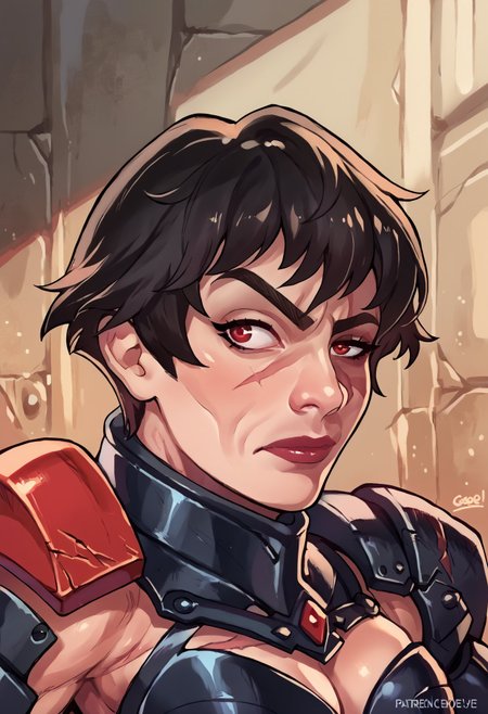 score_9, score_8_up, score_7_up, score_6_up BREAK, RocksEyebrowRaise, upper body, portrait, raised eyebrow, thick eyebrows, 1girl, (muscular female:0.8), short hair, black hair, streaker hair, prosthetic arm, red eyes, scars, armor, cape, science fiction <lora:Elizabeth_Blythe_Subverse_PDXL:0.7>  <lora:reiq_style:0.8> <lora:RocksEyebrowRaise_XLPD:1>