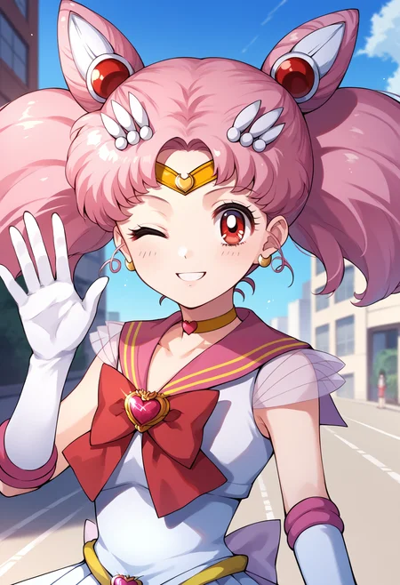 score_9, score_8_up, score_7_up, score_6_up, score_5_up, score_4_up, BREAK, source_anime,
1girl, chibiusa, pink hair, twintails, cone hair bun, double bun, red eyes, earrings, hair ornament, tiara,
heart brooch, choker, white elbow gloves, magical girl, multicolored clothes, multicolored pleated skirt, pink sailor collar, sailor senshi uniform,
wink, waving at viewer with one hand, outdoors, blue sky, smile, upper body, solo, looking at viewer, buildings, tokyo street background    <lora:ChibiusaXL:1>