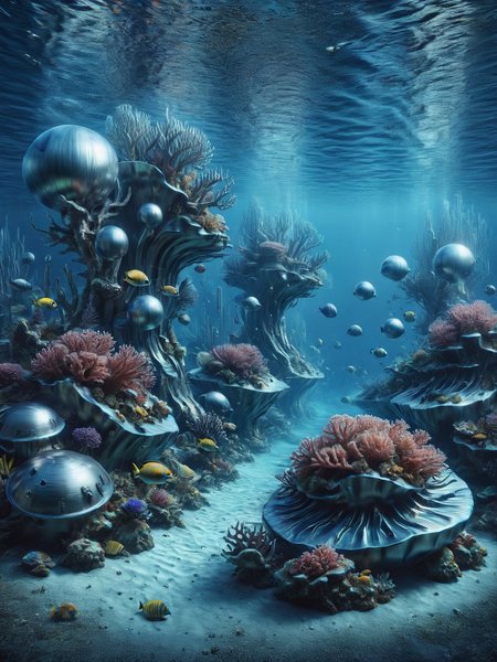 A vibrant ais-steelz coral reef teeming with life, adding a futuristic touch to the underwater world <lora:Brushed_Steel_Style_SDXL:1>