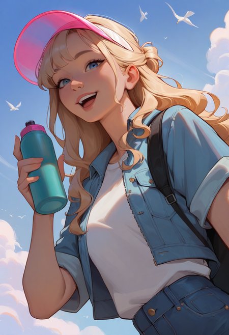 masterpiece, best quality, stylized, realistic, 1girl, solo, blonde hair, wavy hair, half updo, sidelocks, choppy bangs, blue eyes, smile, open mouth, looking at viewer, hand up, holding bottle, aqua thermos, visor cap, pink cap, transparent cap, t-shirt, white shirt, cropped jacket, denim jacket, black backpack, upper body, from below, dutch angle, blue sky, day, cloud, bird