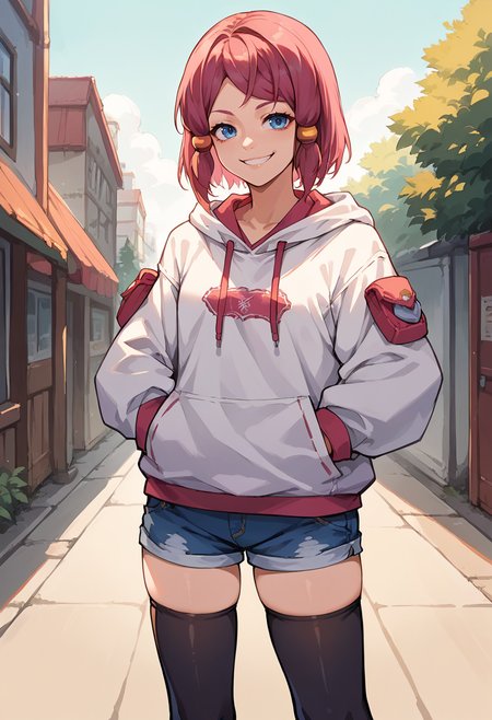 score_9, score_8_up, source_anime, 1girl, solo, RoseTales, blue eyes, pink hair, short hair, hair tubes, white hoodie, denim shorts, black thighhighs, skindentation, hands in pockets, outdoors, smile, smug, <lora:ChamRoseToZPonyXL:1>