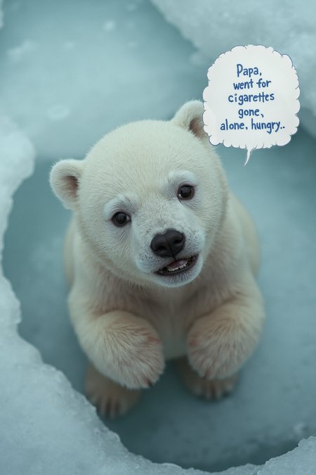 photo is taken from above. ((speechbubble with blue text "Papa, went for cigarettes gone, alone, hungry..")). In arctica on a lone ice shell, a young polar searches for food. he looks up to the viewer with big puppy eyes and tears searching for love. He raises his hands, he wants you to carry him. The scene shows how climate change disrupts natural habitats and endangers wildlife. Captured with Kodak film. 