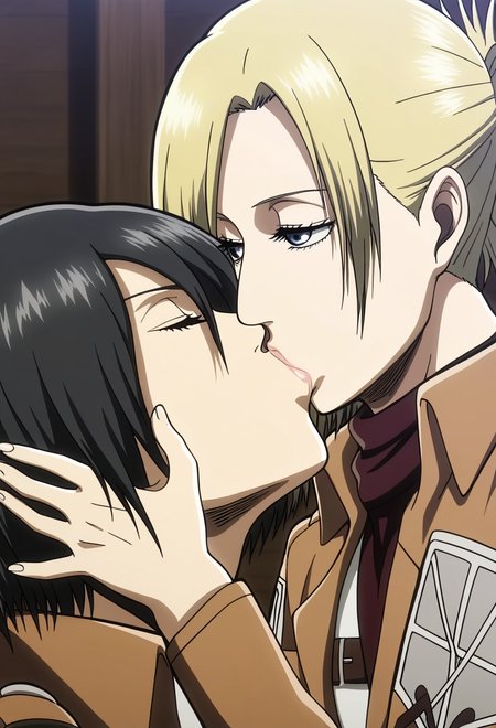 score_9, score_8_up, score_7_up,1girl,source_anime,kiss, 
BREAK annieS1 ,blonde hair,short hair,blue eyes,tied hair,detailed face,masterpiece,best quality,annie leonhardt, kissing,<lora:annieS1:0.8> 
BREAK mikasa ackerman, 1girl,short black hair,  <lora:Private-Mikasa-PDXL:0.8>