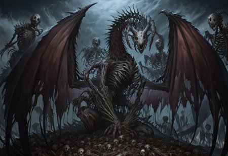 masterpiece, best quality, newest, absurdres, highres, 
TWEV1.0, no humans, monster, giant, dragon, scales, dragon wings, dragon horns, undead, zombie, rotten flesh, horror (theme), skeleton, bones, skull,
