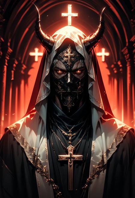 (score_9, score_8_up), score_7_up,  looking at viewer, white eyes, 1boy, jewelry, white hair, grey hair, short hair, hood, mask, horns, veil, necklace, cross, cross necklace, priest, high contrast, dark lighting, glowing red eyes, cinematic, cross necklace, backlighting, red theme,
blurry, depth of field, CINE, 
<lora:CINE-000012:0.7>  <lora:wildywest-000009:0.5>