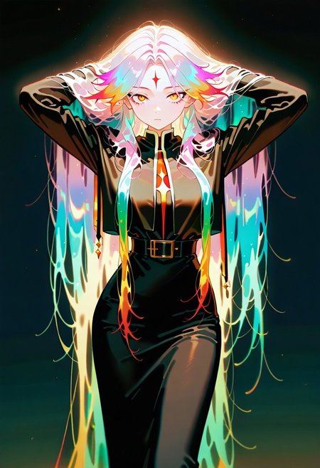 masterpiece,best quality,amazing quality,very aesthetic,absurdres,newest,1girl,pointed facial features, super long hair, hands behind head, hands lifting hair, gradient color hair,