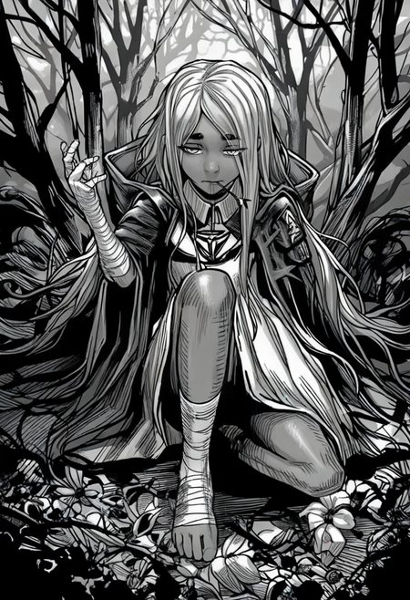 monochrome, greyscale,  <lora:odysseasXL_NBVP1_lokr_V6311PZ:0.95> 1girl,inam \(arknights\),arknights,bandaged foot,bandaged hand,bandages,black cloak,cloak,closed mouth,dark-skinned female,dark skin,flower,forehead,forest,grey eyes,grey hair,half-closed eyes,hood,hood down,hooded cloak,knee up,long hair,nature,parted bangs,plant,solo,thick eyebrows,very long hair,vines,white flower,white dress,sitting,mouth hold,bandaged hand,collared dress,stalk in mouth,full body,hand up,dress,bandaged arm,bare tree,looking at viewer,tree