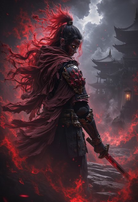 samurai, red armor details, fiery katana, toxic red hair, toxic red color in the entire composition associated with the samurai, everything else is gloomy and inversion in color, the background is a city in inversion color, night, dark atmosphere,