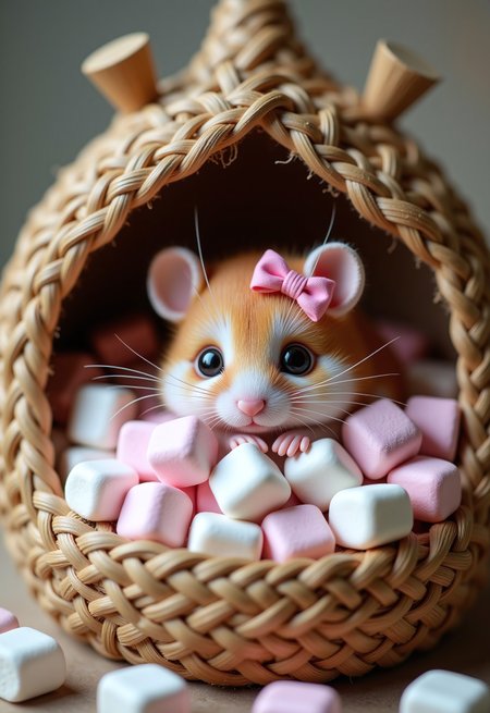 aidmaimageupgrader, a high quality digital image of an intricate and adorable little dormouse, she is relaxing on a bed of soft and fluffy white and pink marshmallows inside an intricate thatched box, she has a cute little marashmallow bow on her head