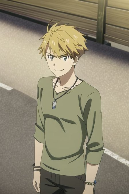 photorealistic, (4k), extremely detailed, hyper detailed, high resolution, professional photography, best quality, ((1boy)), solo, ((male focus)), easynegative, males, outdoor, Yamato Ishida, T-Shirt, candid photo, angry, smile, anime, necklace, bracelet