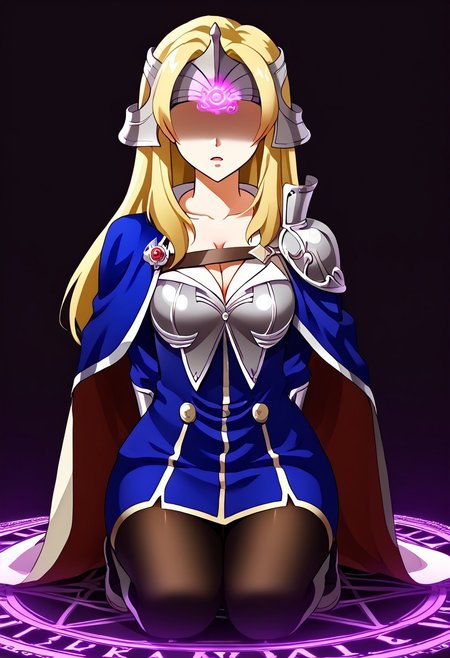 Mathilda hypnotized by magic,
score_9, source anime, lewd, 1girl, smooth,
mind control, hypnotized, expressionless, slack jaw, head tilted upward, empty_eyes,
kneeling, glowing magic circle, ((magic circle covering face)), arms hanging loose at sides, side view,
feMtlda, blonde hair, long hair, helmet, cape, armor, cleavage, blue dress, black gloves, pantyhose, thigh boots