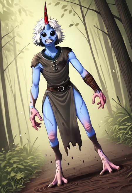 ((Alien humanoid)), solo, androgynous, aquatic features 
blue skin, ((webbed skin between fingers)),
((nostrils only, nostril slits, vertical nasal slits, narrow nostrils)):1.6, ((narrow eyes)), ((black sclera, black irises)), smooth skin,  pointy ears, small ears, tiny ears, holes in skin, forehead horn, short horn, veiny horn, ((single horn)):1.0, ((4 fingers)), fingernails, thin lips, ((white hair)), ((short hair, spiky hair)), sharp teeth, ((digitigrade legs)), bent legs,
full body shot
ragged clothes, muddy clothes, loincloth, tunic, dirty
Medieval style, fantasy style,
style: r1n,
((Variety)):1.2
((dutch angle))
river background
fully clothed, loose clothing, clean lines, smooth colors, detailed fingers, sfw, source: semi-realistic, rating: pg, score: 8 up, score: 9
