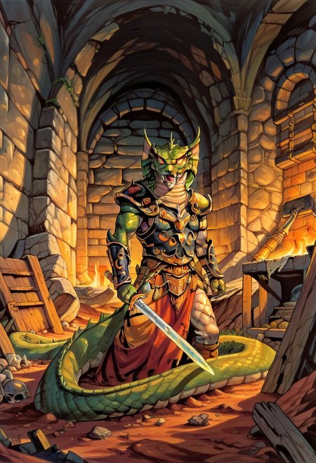 score_8, score_8_up, score_7_up, traditional media, 1other, 1boy, larry_elmore, rating_safe, fantasy, dnd, sword, weapon, solo, underground, weapon on shoulder, anthropomorphic_snakes_(naga), armor, indoors, horror (theme), meanacing, looking at viewer, underground, cave, dungeon, fantasy, portrait, colored sclera, slit pupil, scales, no humans,