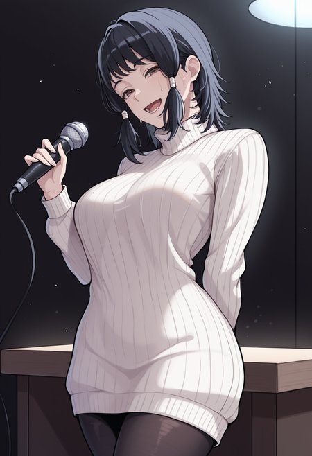 masterpiece, best quality, <break> solo, 1girl, m1fune, sweat, :d, lower teeth only, looking at viewer, standing, hand up, holding microphone, arm behind back, short hair, black hair, hair tubes, brown eyes, white sweater, sweater dress, ribbed sweater, turtleneck, black pantyhose, indoors, dark background, sidelighting, table
<segment:yolo-Anzhc Face seg 640 v2 y8n.pt,0.4,0.5//cid=1>