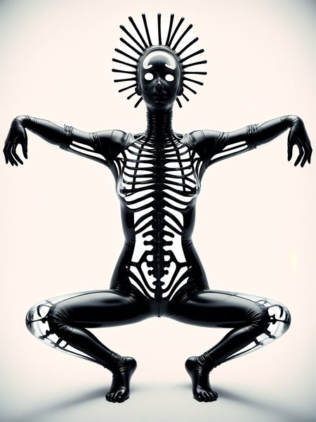woman arms behind head, body leaning forward slightly, legs crossed, thoughtful and relaxed body language, wearing rubber gimp suit, grotesque, abstract, x-ray art, <lora:DeconDada-000008:1.6>