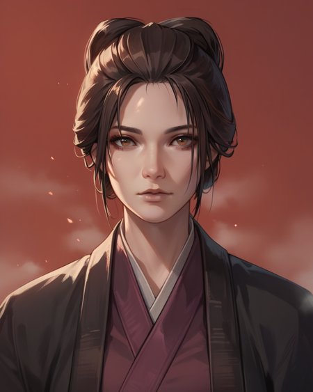 score_9, score_8_up, score_7_up, source_anime,  1girl, upper body, blurred background, (fog:1.2), red background, solo, EmmaSekiro, brown eyes, <lora:EmmaSekiro:0.6>